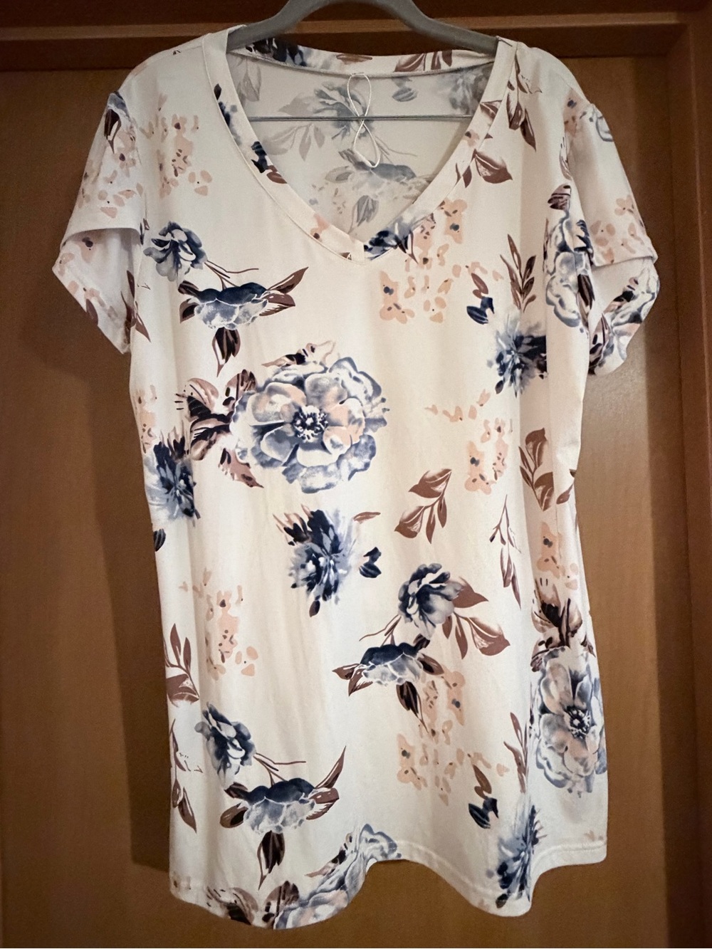 Amazon Cream V-Neck Floral Blouse with Blue and Brown Accents